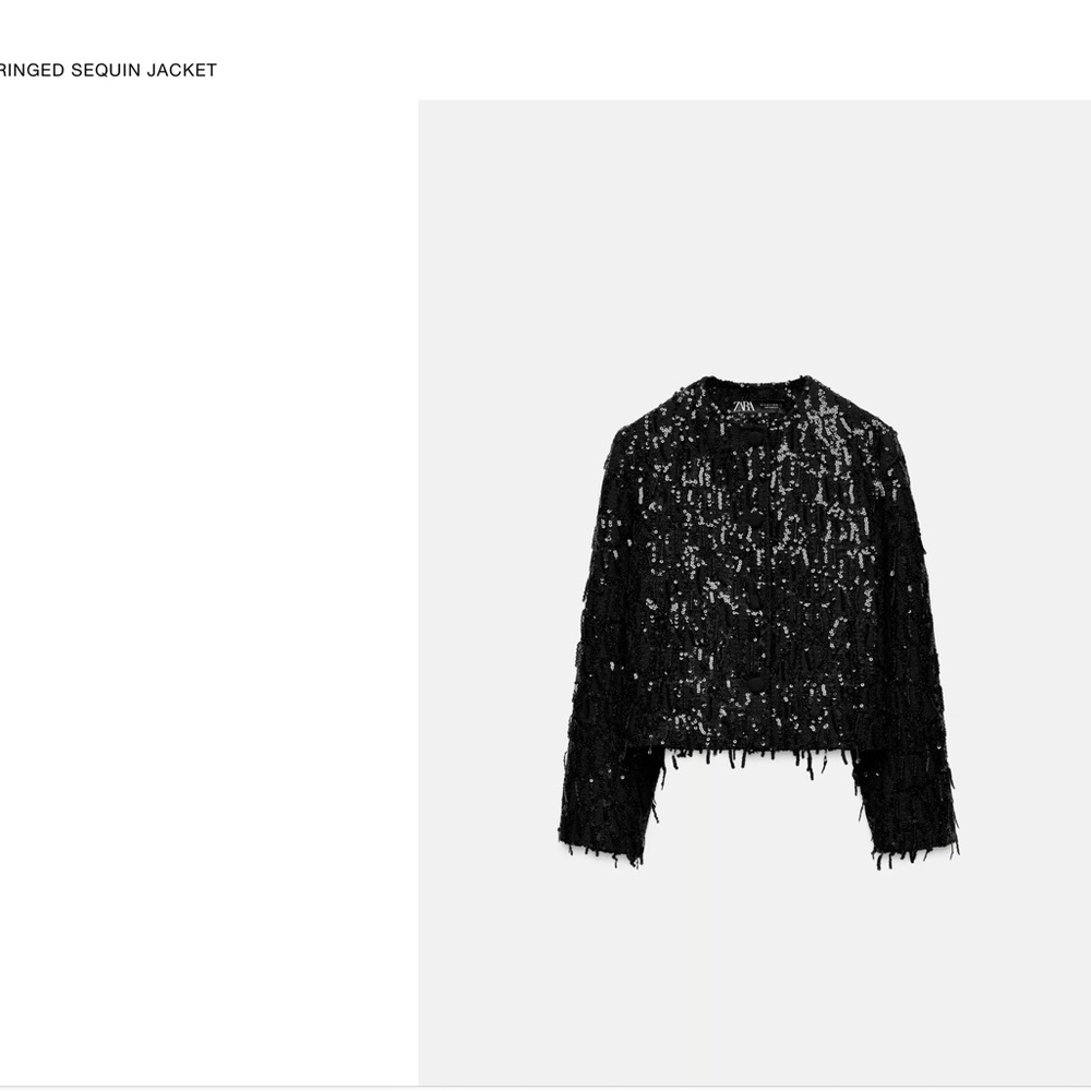 ZARA-NWT FRINGED BLACK SEQUIN JACKET WITH FABRIC BUTTONS. SIZE XSMALL.
